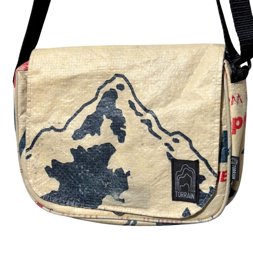 Torrain Upcycled Cement Bag Crossbody Messenger Bag Cream Mountain Graphic Small
